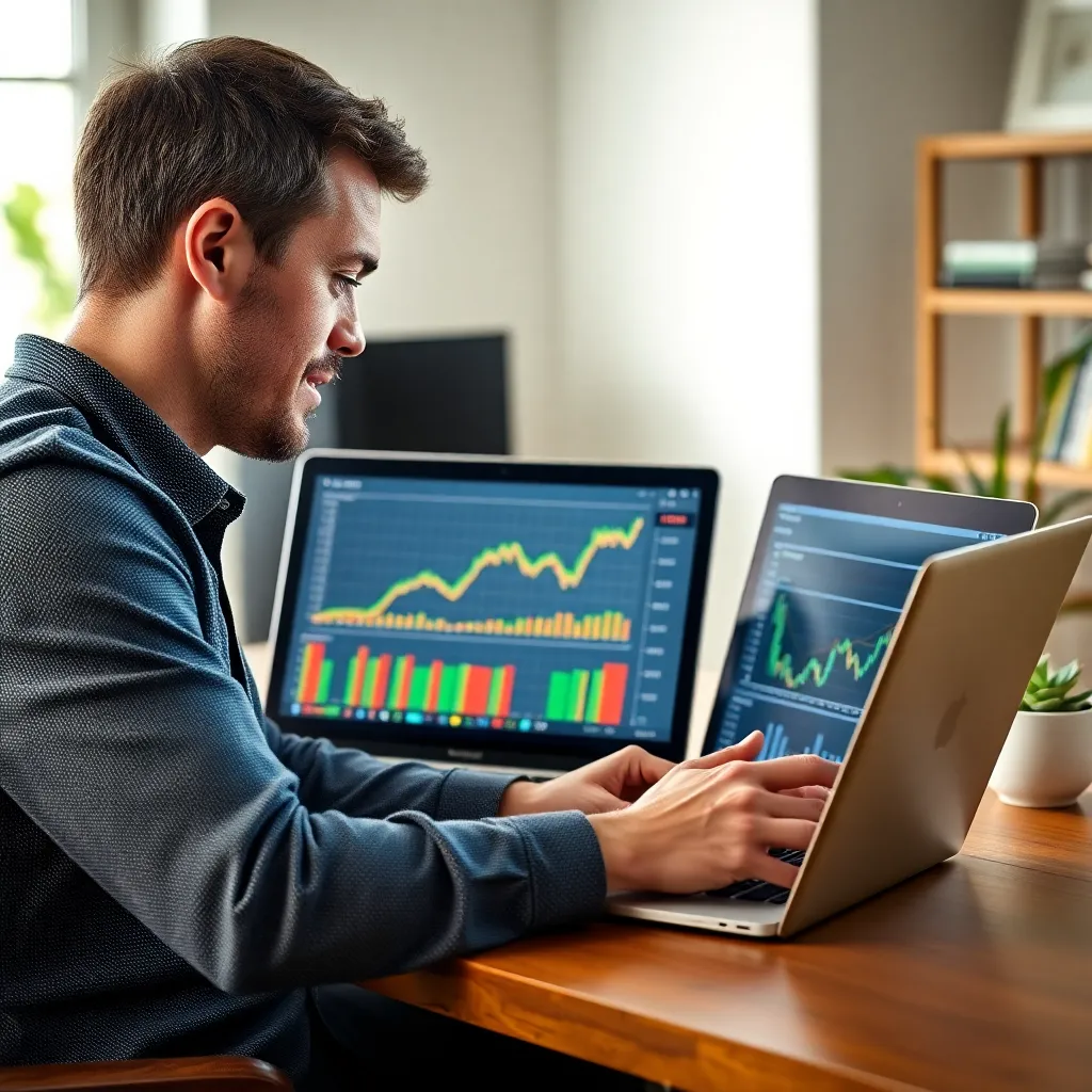 Persoon die beleggingsportefeuille analyseert op laptop met financiële grafieken