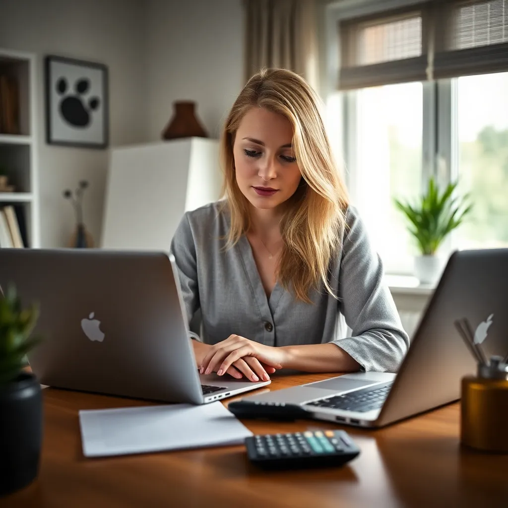Jonge vrouw die thuis online financiële cursus volgt