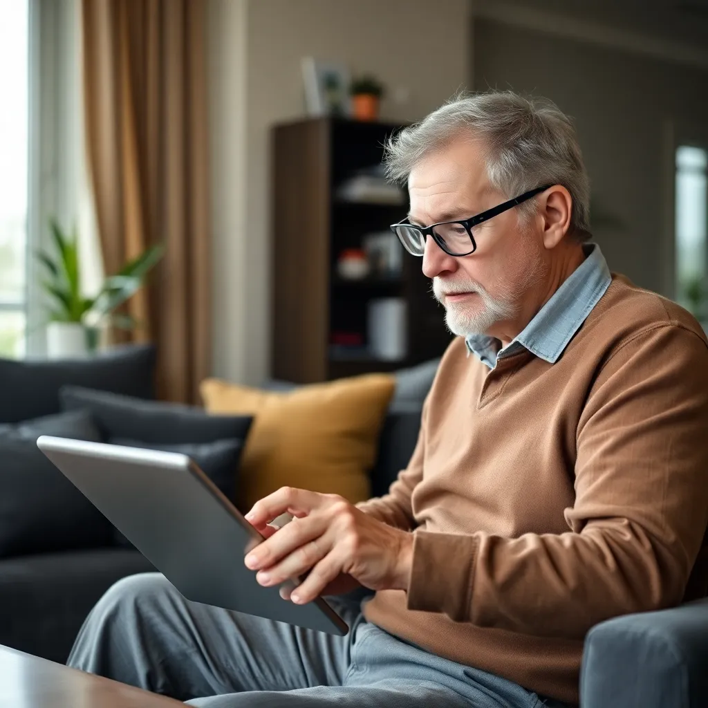 Oudere man die online investeren leert op tablet