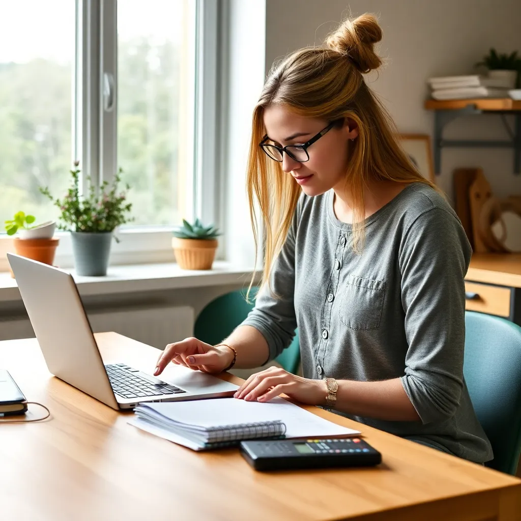 Jonge vrouw die haar maandelijkse budget plant aan keukentafel